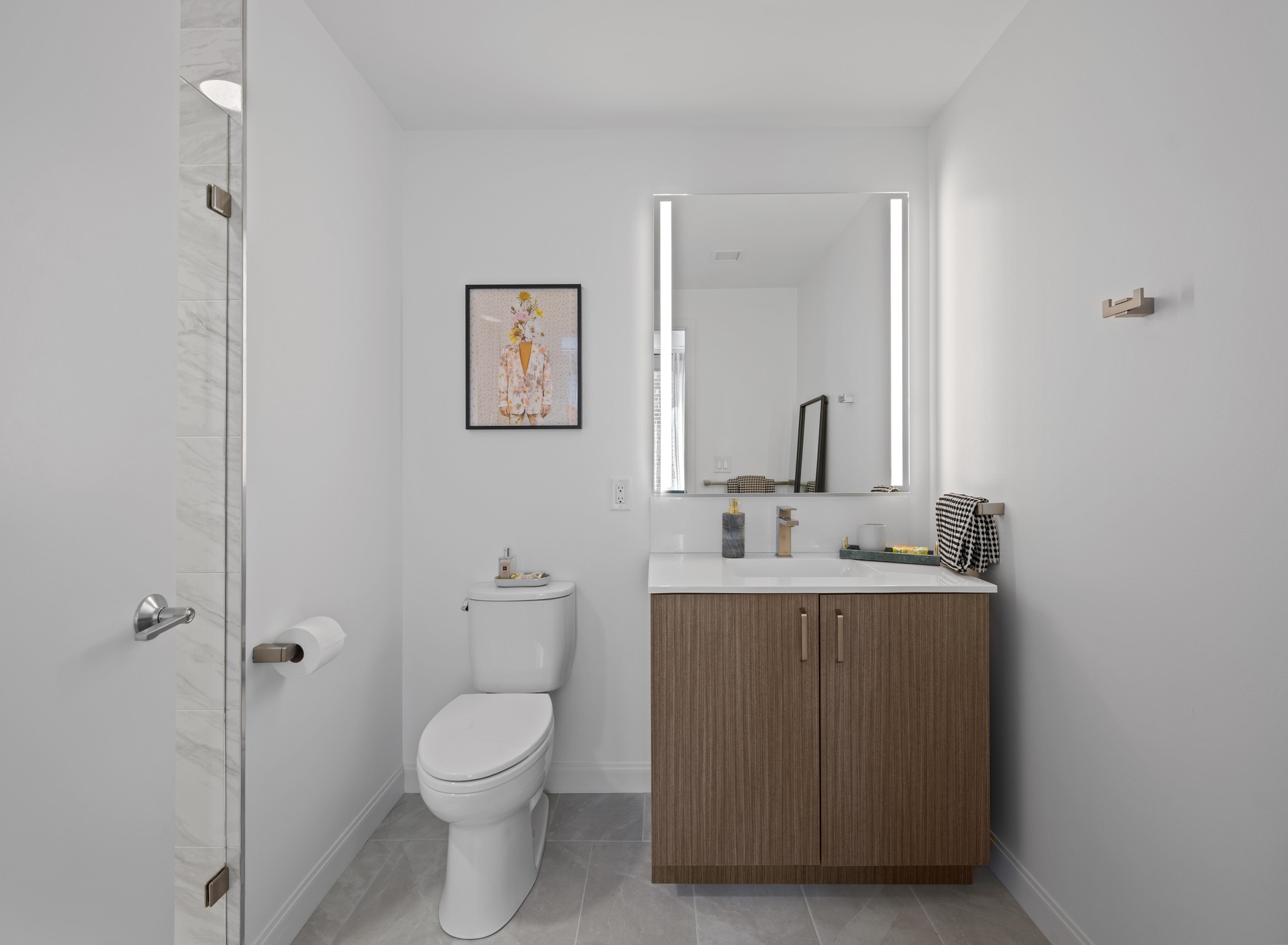 Modern shower with sleek tilework.