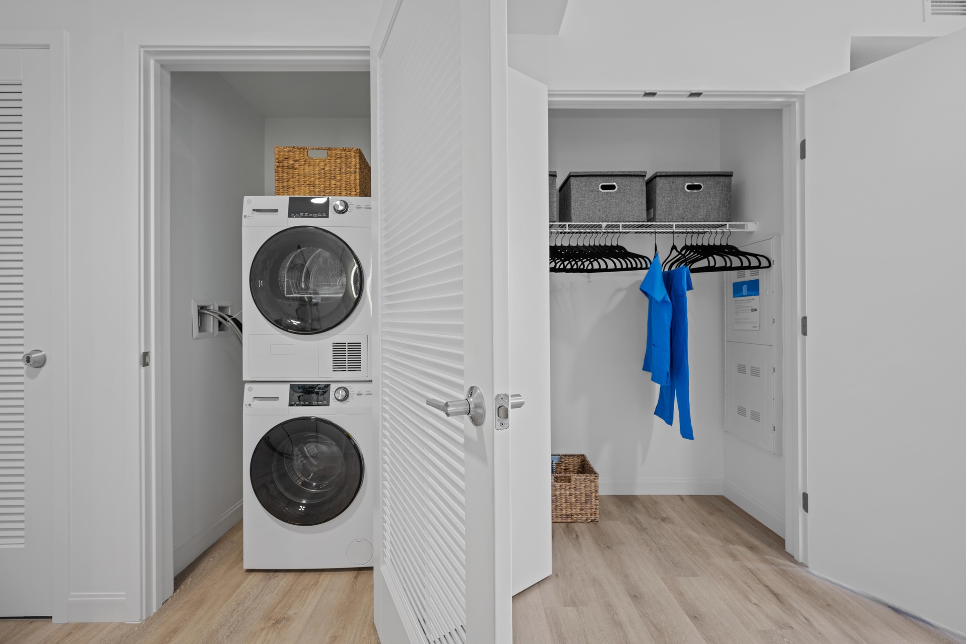 In-unit washer and dryer in studio apartment.