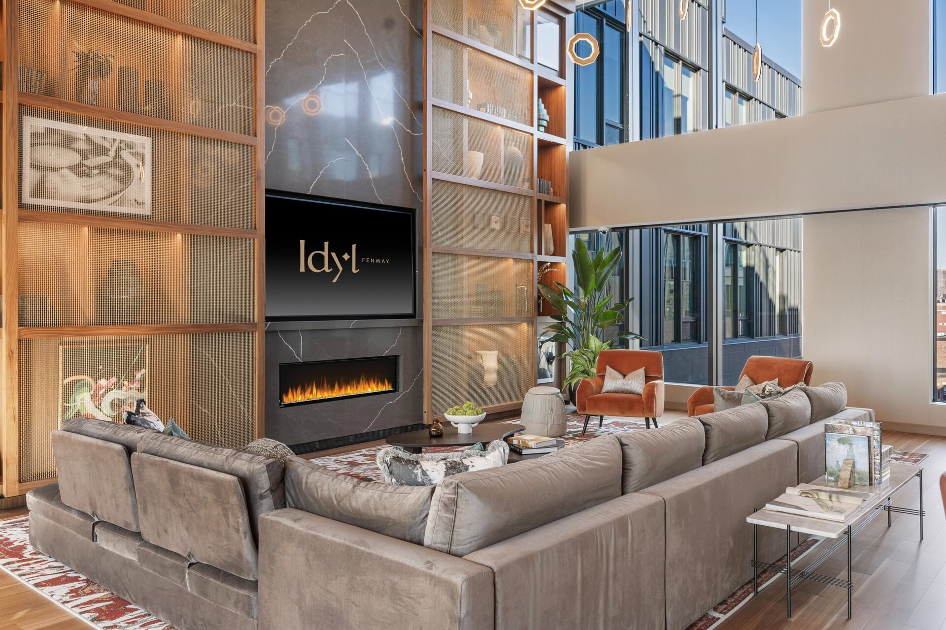 Cozy rooftop fireplace for gatherings and shows.